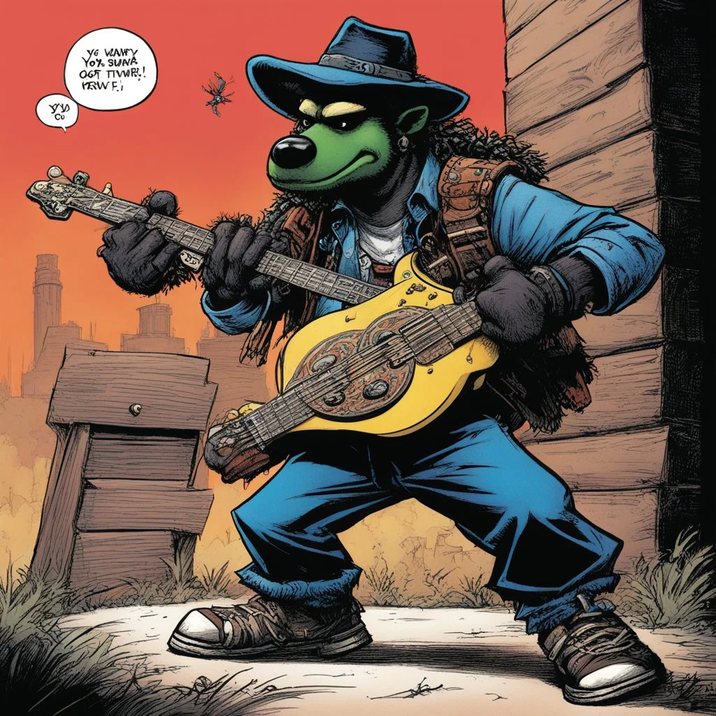 [art by Kevin Eastman and Peter Laird] Once again it's another rap bandit Fiending at I and I can't stand it Wanna be down with the Day-Glo Knocking on my door, saying, "a yo yo" Knocking on my door, saying, "a yo yo" "I got a funky new tune with a fly banjo"
