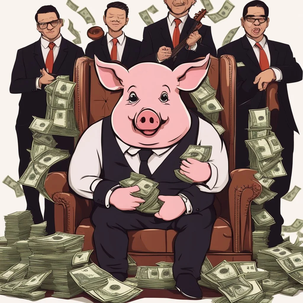 rich pig in suit on a throne making stacks of money by making a deal with a buisnessman. background of musicians