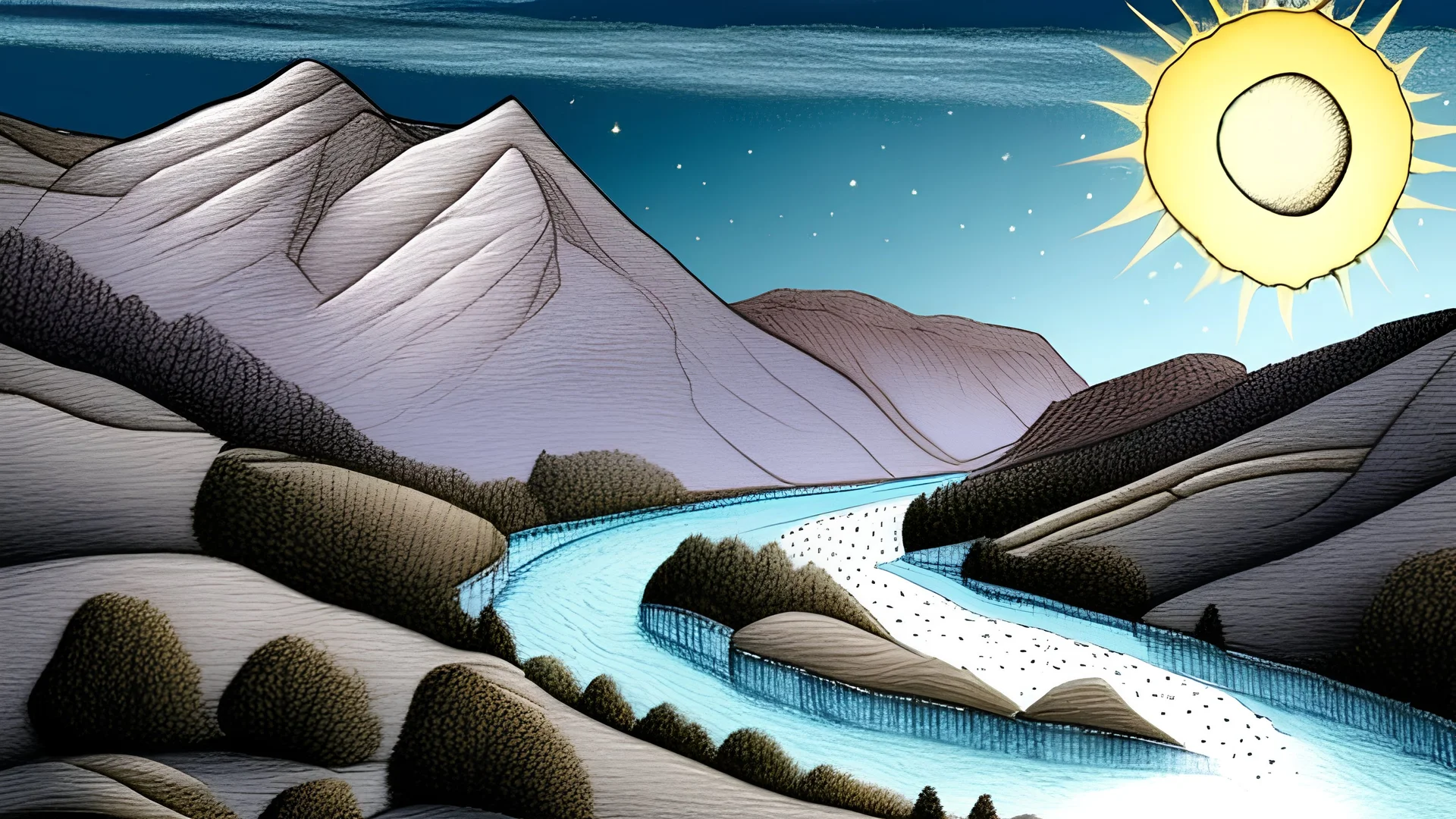 Draw a V-shaped valley with two mountain sides and a river in between. The left side is rocky, the right side softer. The river is wide and rough, with rapids. In the sky at the top left there is the moon and at the top right there is the sun, sun and moon must be equal in size. Use a watercolor style with bright, warm colors.