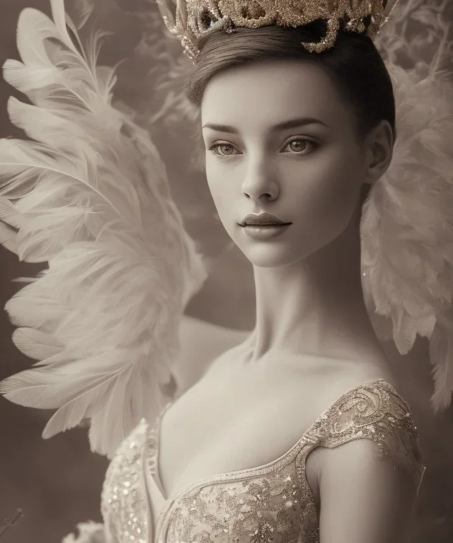 vintage sepia photo of beautiful, stunning ballerina with white feather crown wrapped around head, glittery bodice, close-up half-body portrait, sepia, background of flowers, gauzy white curtains, candles, dreamlike, sepia photography, centered, 8k resolution, high-quality, fine-detail, intricate, detailed matte, volumetric lighting, photo-realistic, candles, translucent gown, illustration, 3D octane render, brian froud, howard lyon, selina french, annie stokes, lisa parker, greg rutowski