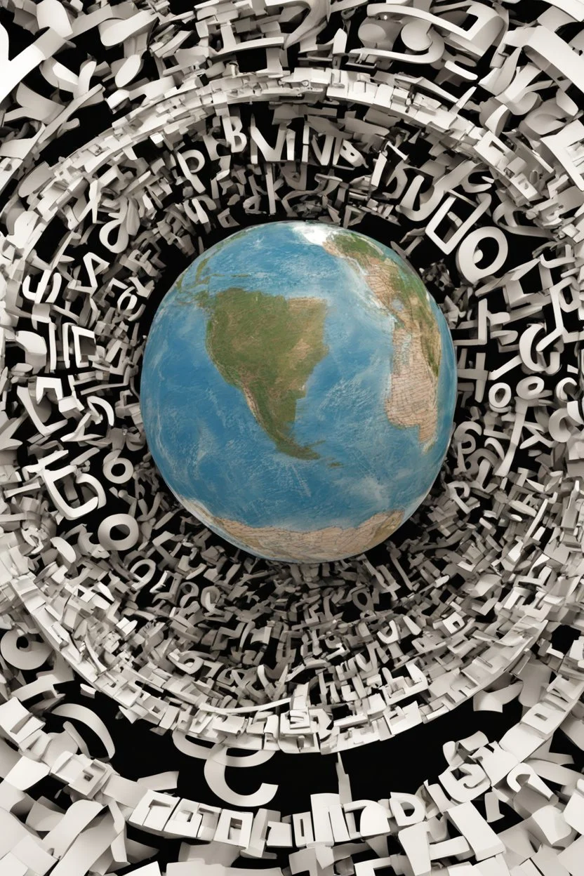 The globe is made of the letters of the English alphabet. The earth is in space and letters are flying around the earth. The letters form the outlines of the globe itself. Letters fly around the globe in a whirlwind. A lot of letters, an abstract composition. Everything is very well drawn. A high-resolution image of 8 K.