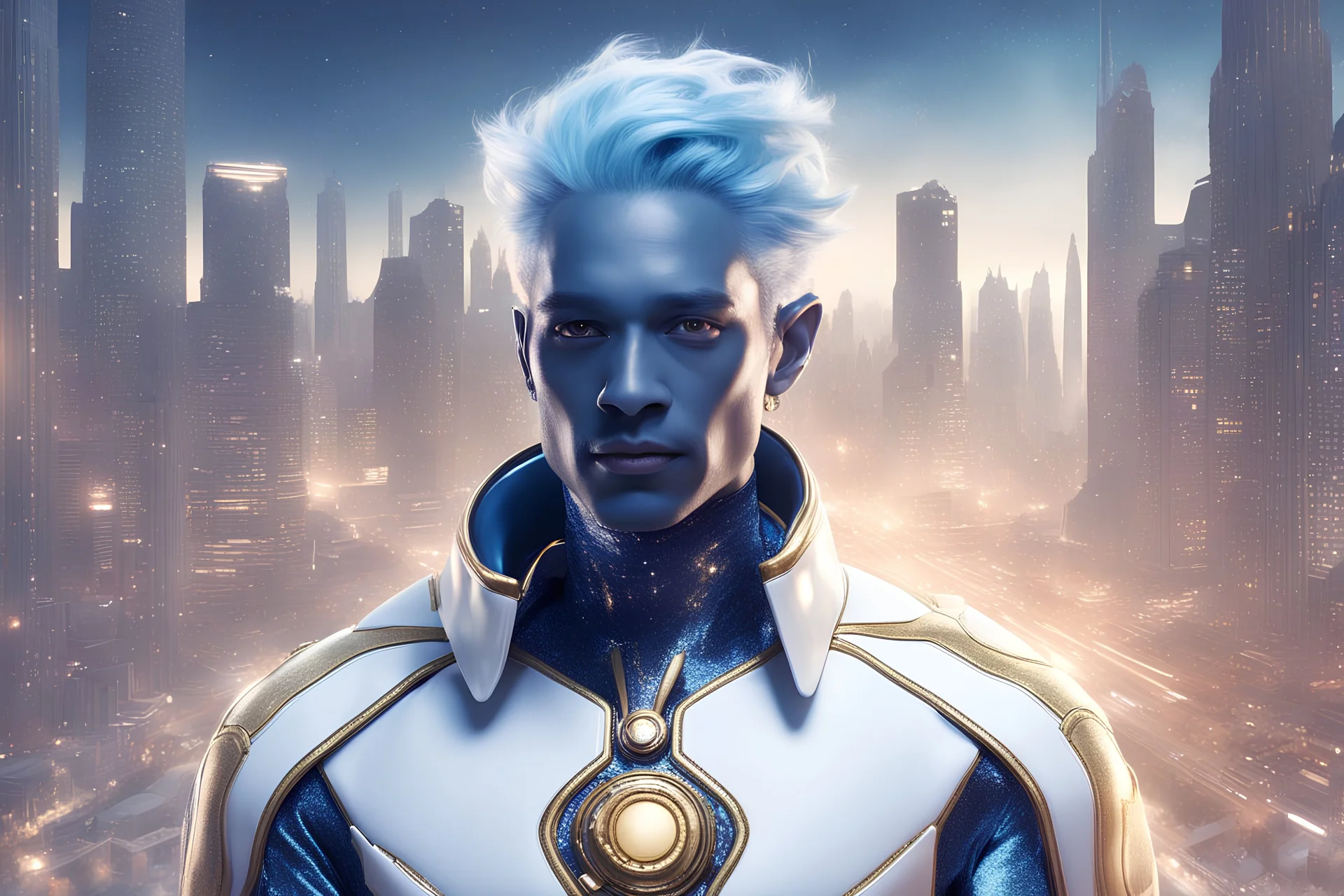 a very handsome man with very dark blue skin, light blue hair, a magnificent face, dressed in a white and gold galactic suit. He smiles slightly. Nobility, courage. Behind him in the distance, a futuristic city with small glass buildings. A lot of details. Very hight definition 8K