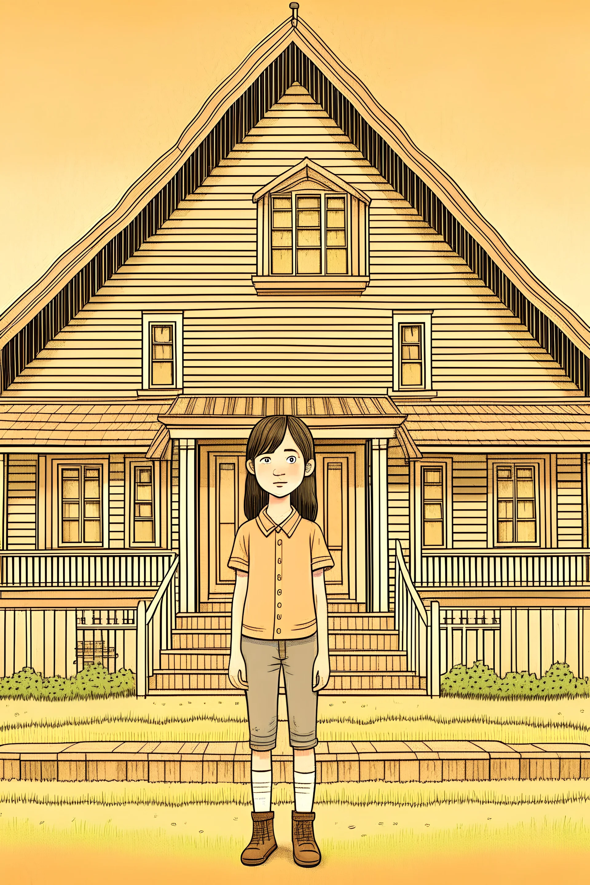 wood house, girl stand front of house