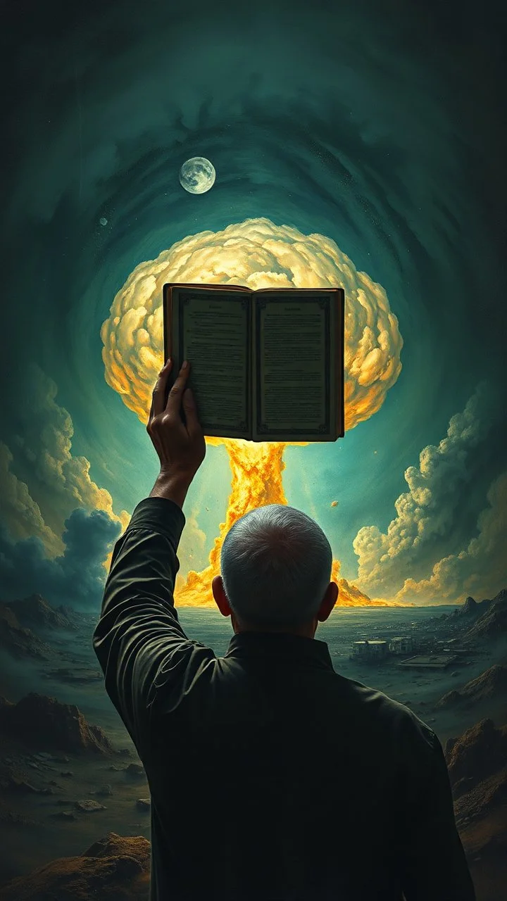 Bosch painting style nightmare, a man holding a book up toward a nuclear explosion in the background, rear view , dramatic sad scene, fantasy, scary.