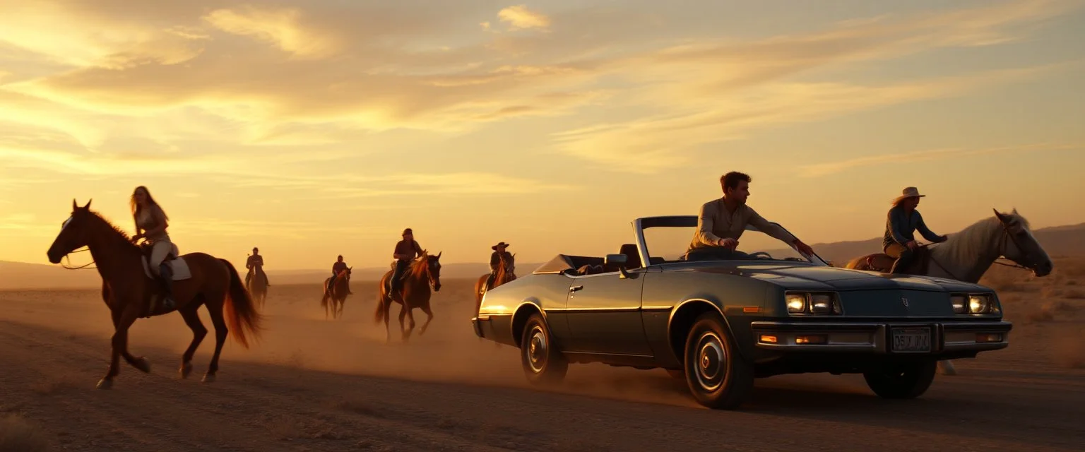 bobby stealing cars on a different star, chased by women on horses