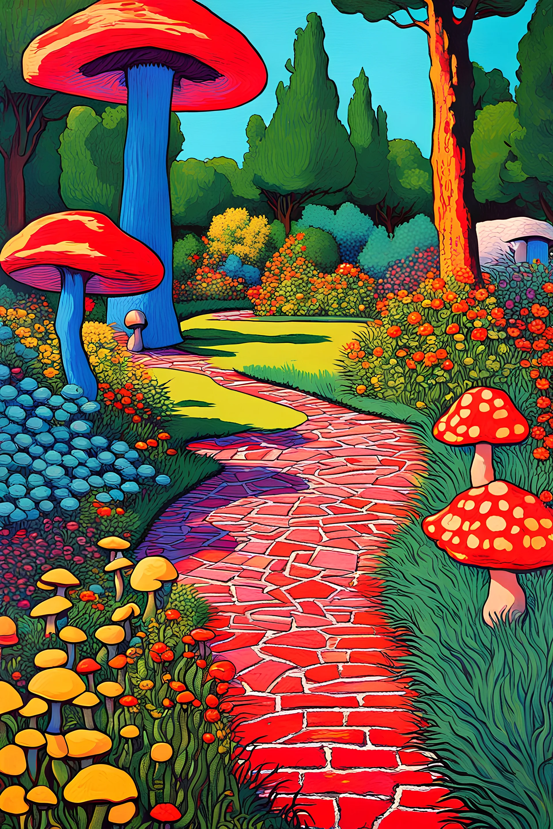 painting of a psychadelic colourful natural courtyard with brick road and grass, flowers and trees, mushrooms, round coffee table with shade and umbrella by van gogh and andy warhol infusion. plants are alive like living beings