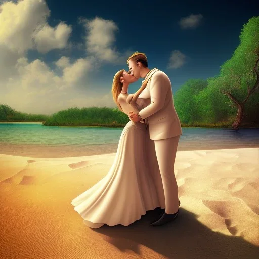 2 lovers last kiss in sand island with tent and river background