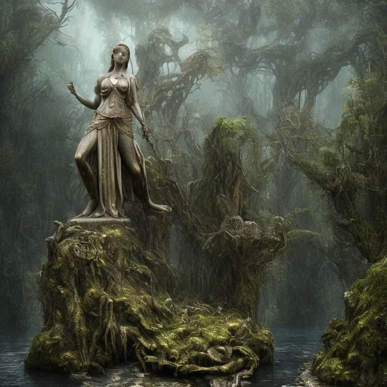 old one statue rock godess athena, abandoned between moutain, swamp, water, glass, fog, highly realistic, highly detailed, intricate, 8k