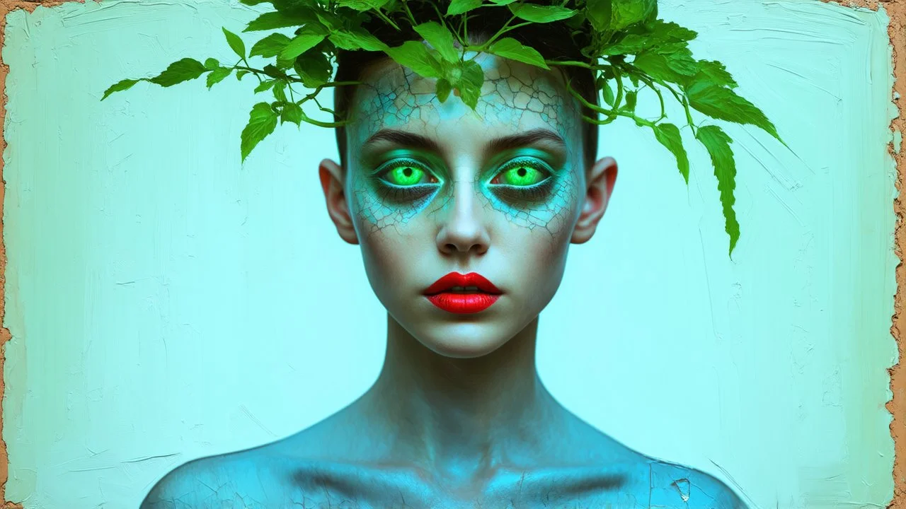 old retro photograph, light vignette, faded, worn and cracked, double exposure, surrealism, female humanoid from another world, red lips, half body, greenish blue pale transparent glowing skin, bald head, plants growing out of head, tattoo on head, alien transparent eyes, double exposure, hyperdetail, double exposure, Anna Razumovskaya, Anna Dittmann, Luis Royo, Neo-impressionism, expressionism, oil painting. Bold, detailed and textured brushstrokes reminiscent of Royo and Peter Coulson. Deep co