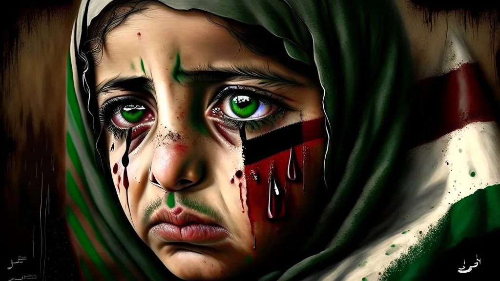 A girl wearing a Palestinian dress with tears in her eyes Her eye color is green Its color is brown Carrying the Palestinian flag