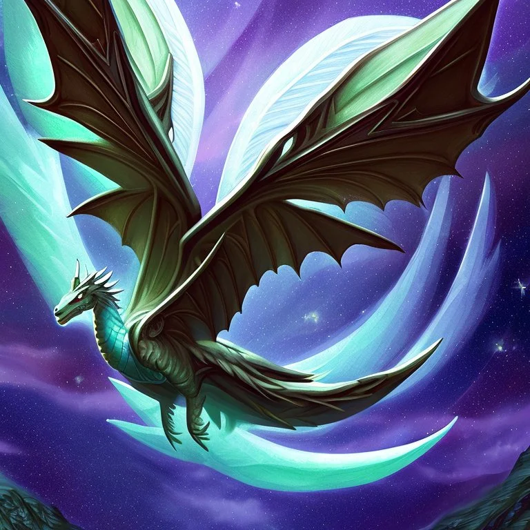 image framed with a thin border of celtic designs, story book cover format, A winged celestial dragon in flight above a forested mountain, against a background of brilliantly glittering stars, hd 4k, fine sharp detail