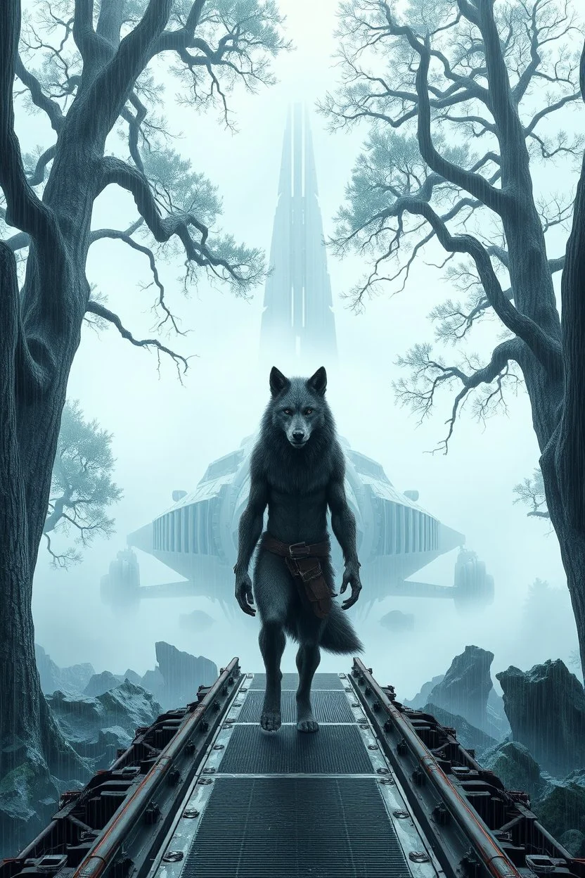 front an anthropomorphic wolf-man standing on spaceship's ramp on alien land and looking at the camera, around big white-blue fog and the spaceship's ruins . His gaze is directed towards the rain-soaked landscape, which is filled with towering trees with massive trunks. In background back him the spaceship and big fog. The atmosphere is a seamless blend of sci-fi and dark fantasy mood