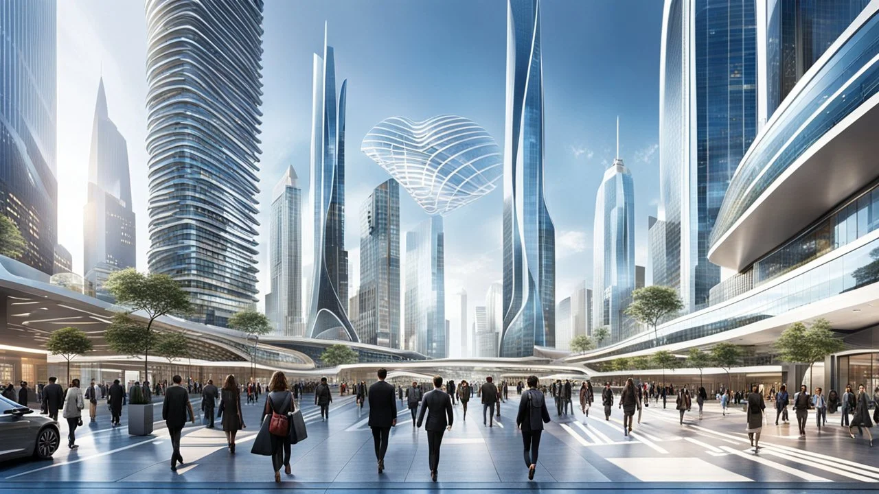 A visually striking, futuristic scene depicting the bustling heart of a 2080 metropolitan city center, with a dynamic blend of human activity and advanced architectural elements. The foreground should feature a diverse array of individuals - a mixture of pedestrians, commuters, and urban dwellers - engaged in various tasks and interactions within the city landscape. These people should be rendered with a high level of photorealism, showcasing the nuanced expressions, fashion, and body language