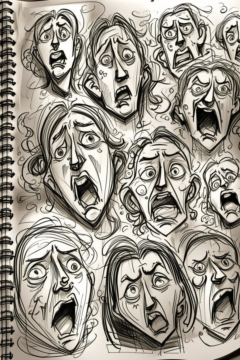 sketch of many faces on a pages, screaming and sad, demented, mad, journal