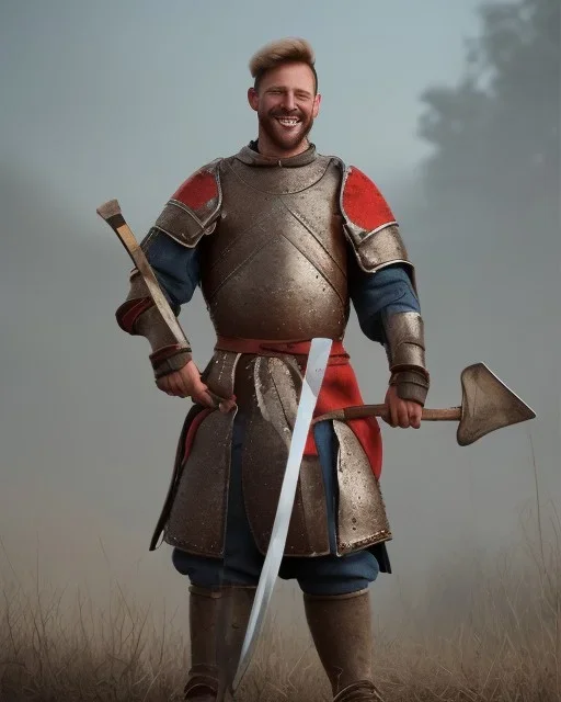 strong medieval warrior with short blond hair, blue eyes and wide warm smile with an axe with green and brown clothes