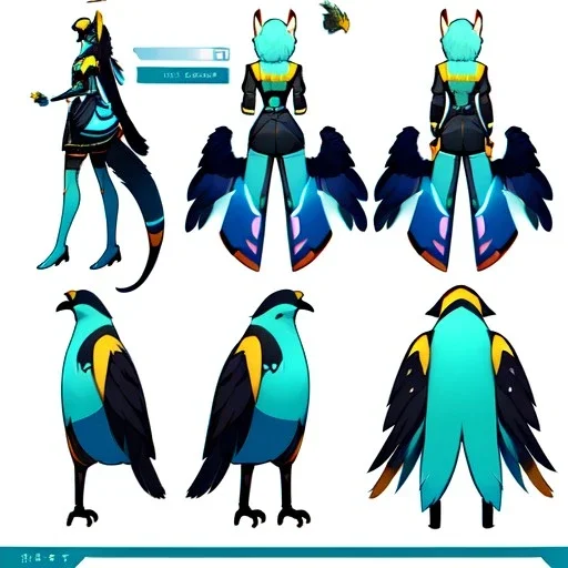 a bird fursona, furry, fursona, fursona reference sheet, high quality, 8k, bird tail, bird wings, feathery, anthropomorphic, master quality, cyberpunk