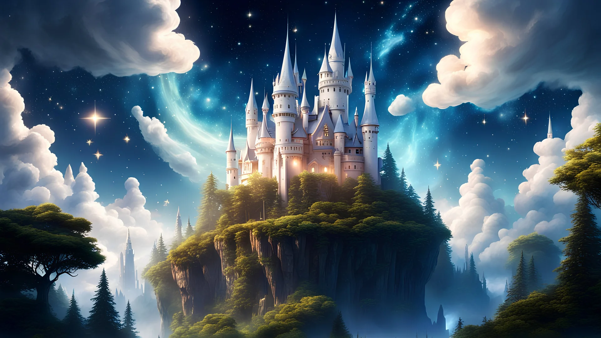 Sky City Castle Forest Arbesque Avatar Fantasy White Clouds Starry Sky Background Fairy Tale HD Clear Delicate ,8k