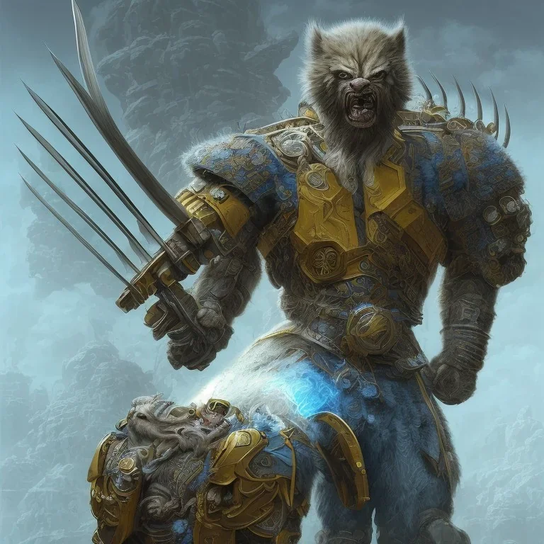 angry Wolverine warrior in Blue and yellow battle armor, a highly detailed illustration, background of Inka jungle, realistic render, 8 k, micro detail, intricate, elegant, centered, digital painting, Artstation, smooth, sharp focus, illustration, artgerm, tomasz alen kopera, peter mohrbacher, donato giancola, joseph christian leyendecker, wlop, boris vallejo