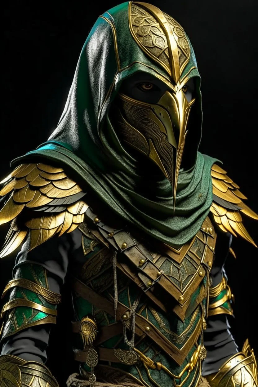 female video game character costume inspired by a Kea parrot and Assassin's Creed aesthetic. bird-themed mask protects face. The metallic elements should be in bronzed gold tones. The design should introduce tinted tinted green and blue transitional colors from the bronzed gold to olive color scheme. The hood should have a matte black beak-like tip, exaggerated in shape. character wielding matte black karambit. overall finish should be foresty, wintery, and weathered.