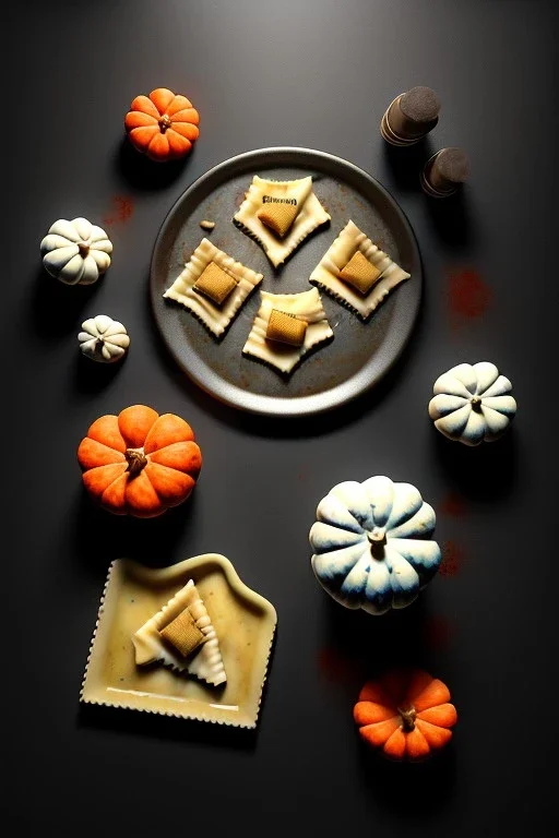 Cooking photo of Raviolis with truffle and pumpkin flying, olive oil, moisture, art, natural, ornaments, ceramic, marble, high kitchen, smooth, god rays, unreal engine 5, ray tracing, RTX, lumen lighting, ultra detail, volumetric lighting, 3d.