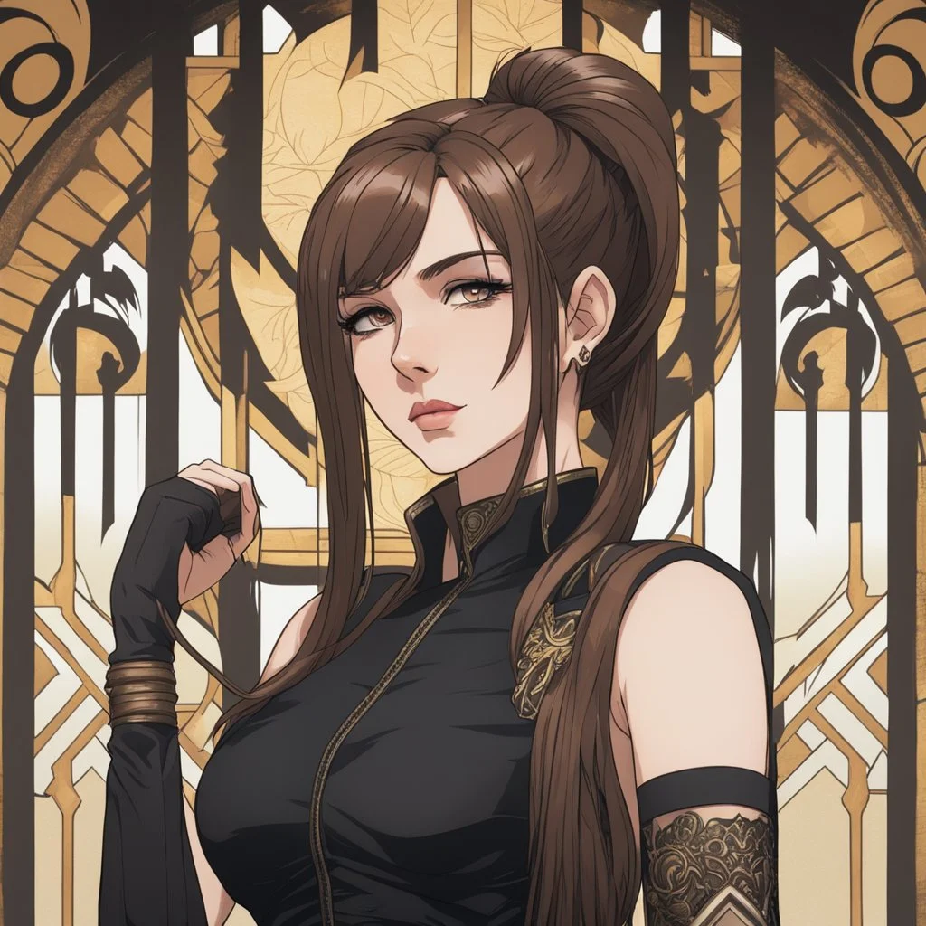 A portrait view of an arrogant-looking young woman with pale skin and long brown hair pulled up in a single, straight ponytail. She is wearing a black, sleeveless crop top. An air of malevolent power surrounds her. Anime Style, High Definition, Greg Rutkowski, 8k resolution, intricate details