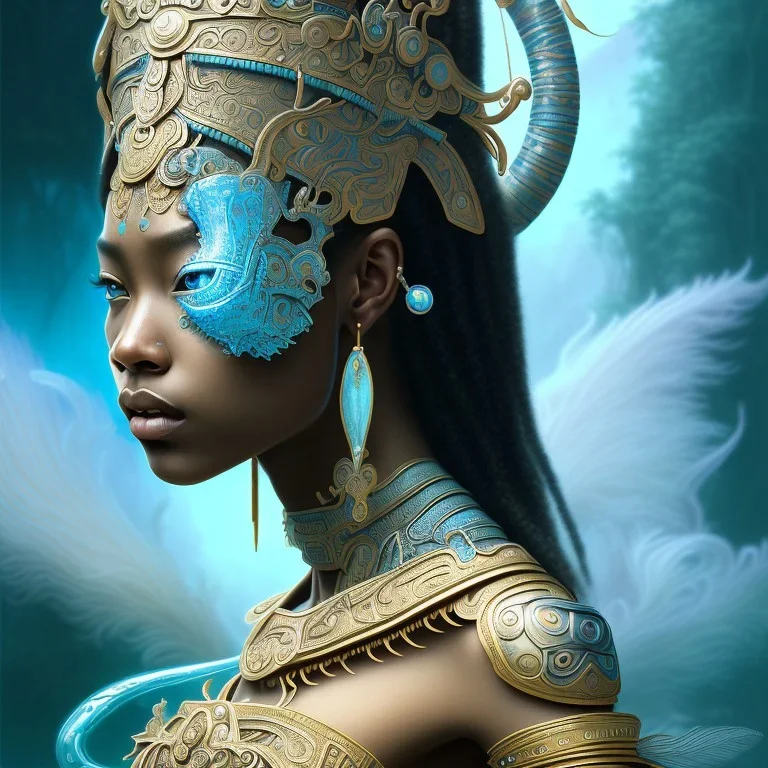 Sango fantasy, fantasy magic, intricate, sharp focus, illustration, highly detailed, digital painting, concept art, matte, art germ and Paul Lewin and Kehinde Wiley, masterpiece Aztec princess dancer head bronze feather's' Asian African girl nice breast Thai hair turquoise silver blue under water