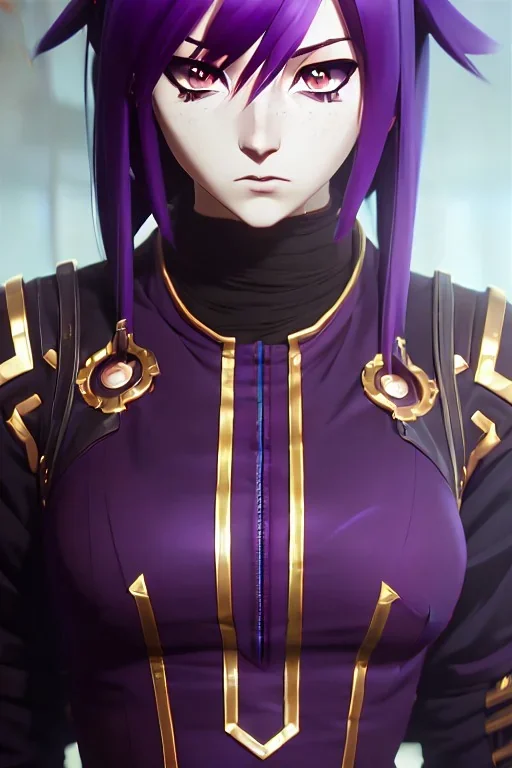 Detailed cute anime Kunoichi girl, purple hair buns, purple bangs, black latex bodysuit, intricate details, full body portrait, keep head in frame, slight smile, black Japanese motif, concept art, highly detailed, digital painting, concept art, sharp focus, illustration, art by Yoji Shinkawa, WLOP and greg rutkowski and alphonse mucha and artgerm and yanjun Chen and Junji ito and Makoto Shinkai, HDR, octane render