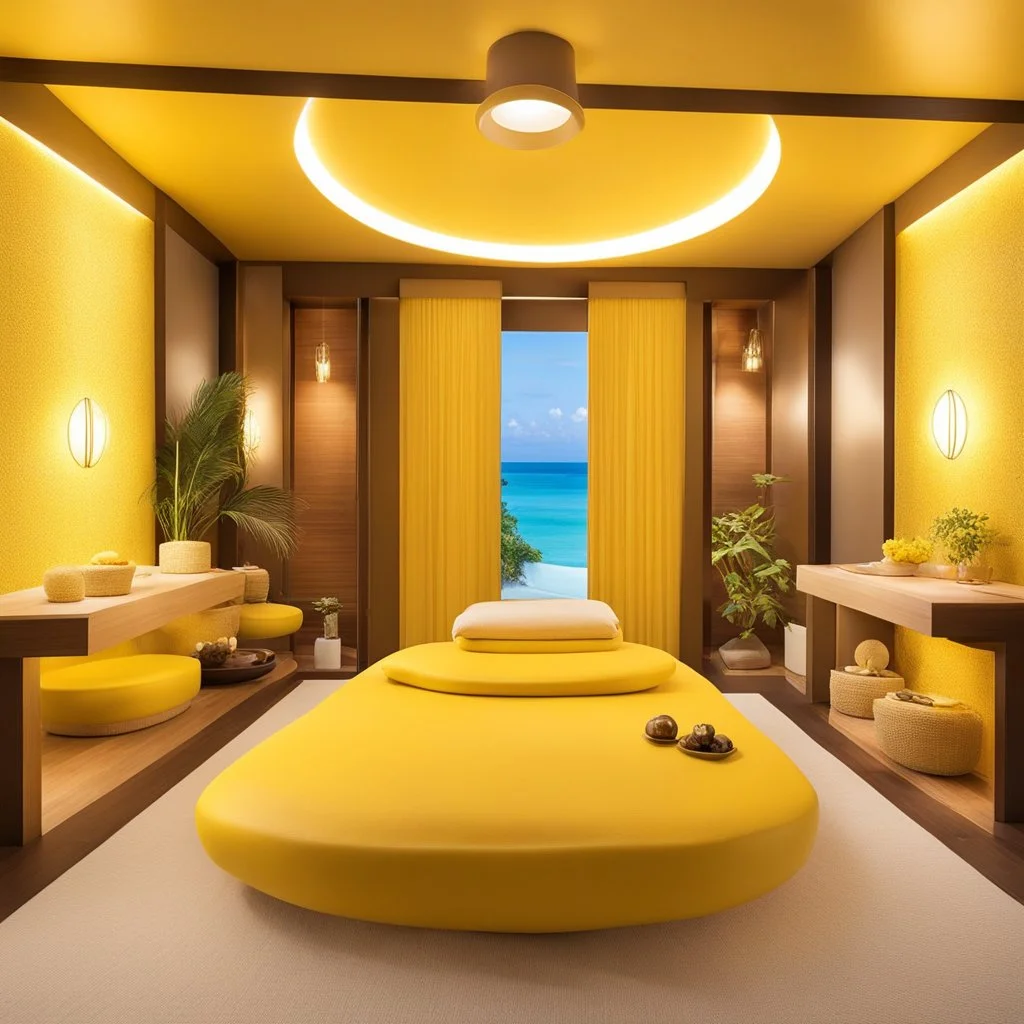 a vibrant massage room in action, where one can indulge in the full service experience. Envision her in a yellow leotard, surrounded by an atmosphere of relaxation and luxury. Special toys and tools her at your disposal, enhancing the rejuvenating journey within this serene setting.