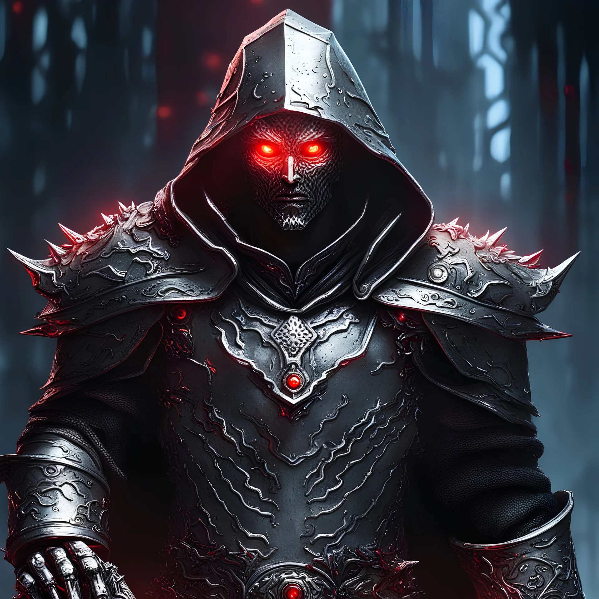 d&d style close up of a silver metal man in a fantasy world with glowing red eyes wearing a hood