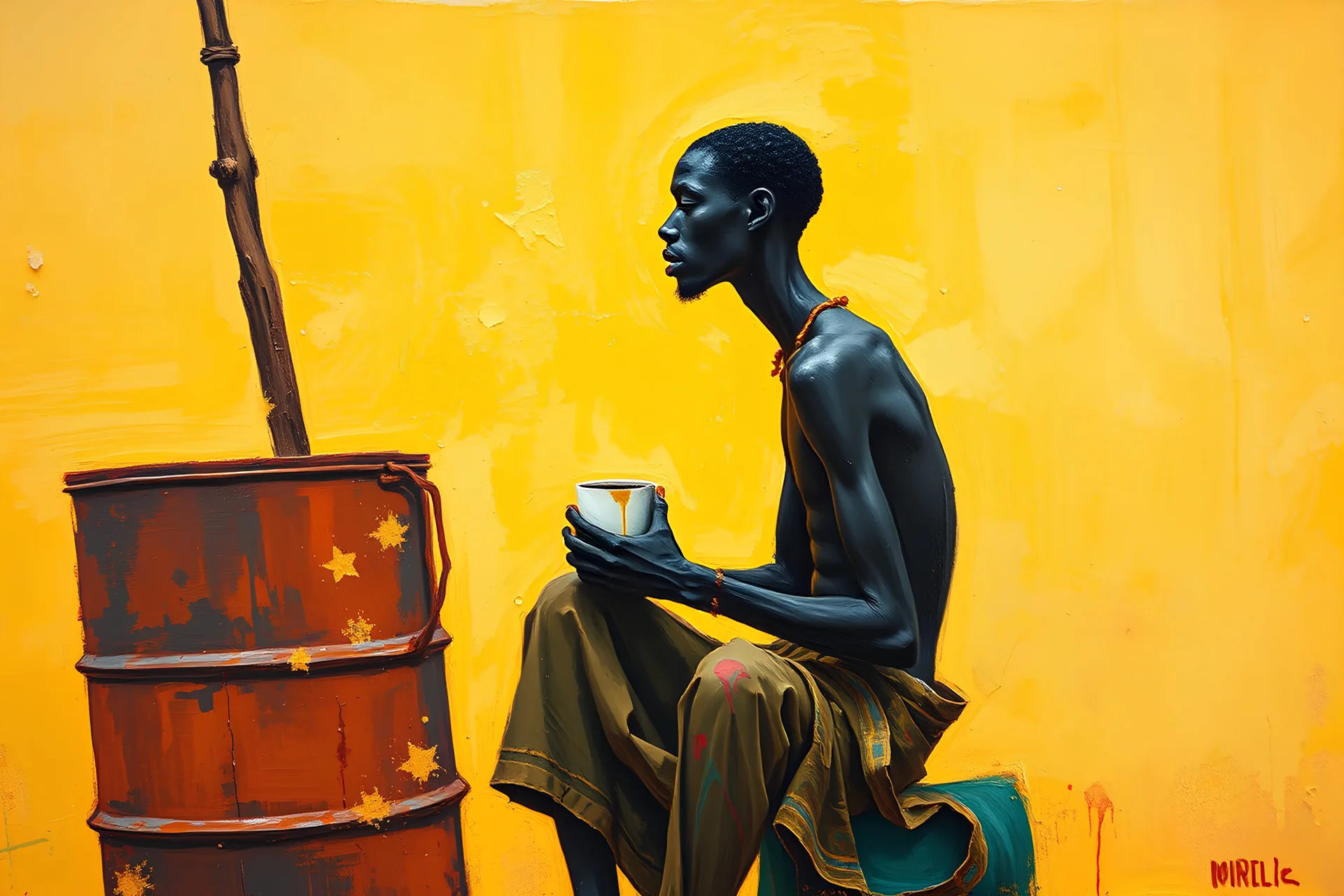 in Somalia, in small monotony, a small poor village a skinny tall young black man suffering from insomnia is sitting at a rusty oil barrel and drinks a delicious cup of extreme strong coffee, acrylic minimal impasto painting, wide angle, dynamic crude brush strokes, dusty yellow heat mood, peaceful vibe, tribal vibe, warm shades yellow, orange, green and black, with sparse deep red leak