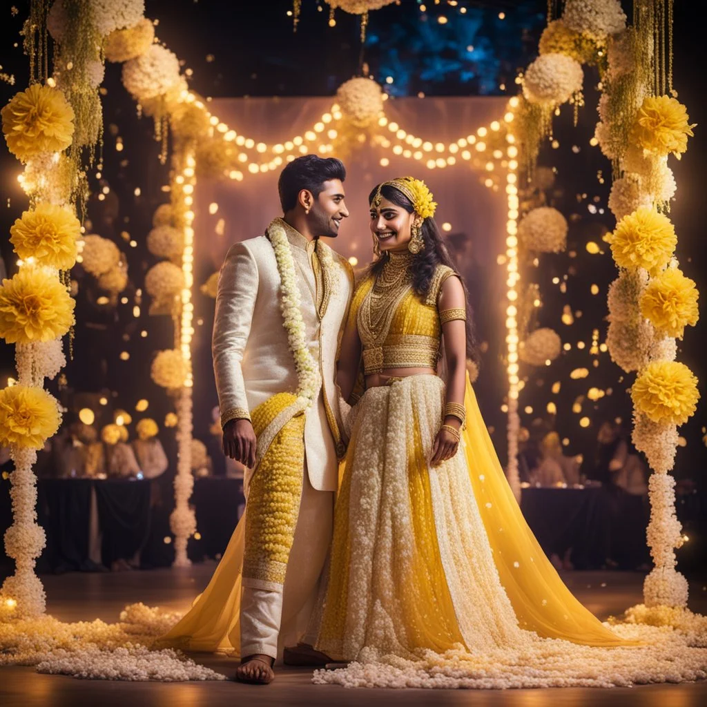 Hyper Realistic Beautiful Traditional Indian Wedding Couple on Stage decorated with different Yellow & White flowers & neon wedding lights at Night