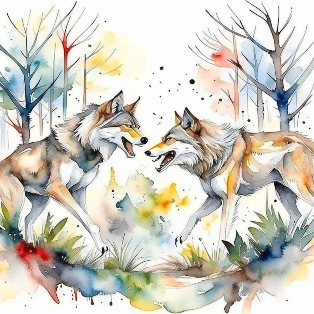 fight of wolves in the forest watercolor painting print art, illustration, home decor, wall art, gift, Wildlife , white background