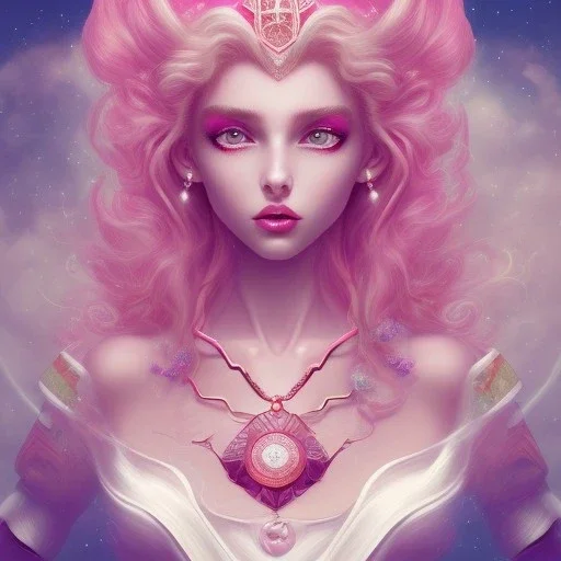 Beautiful, Fire witch, round face, pale skin, wild curly pink hair, red eyes, pink and red eyeshadow, pink glossy lips, wearing a pink witch, wearing a red crystal necklace. Sailor moon style