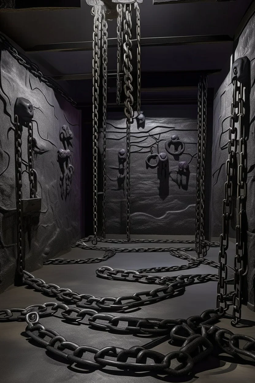 A purplish black dungeon with chains designed in native American petroglyphs painted by Raymond Duchamp-Villon