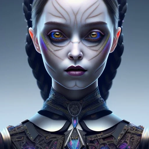 symmetry!! portrait of wednesday Addams in the style of horizon zero dawn, machine face, intricate, elegant, highly detailed, digital painting, artstation, concept art, smooth, sharp focus, illustration, art by artgerm and greg rutkowski and alphonse mucha, 8 k