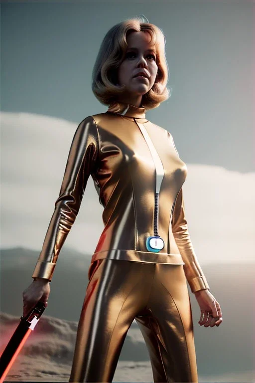 Ultra Realistic retro sci-fi portrait image from 1960, spaceship, sweet young Jane Fonda, tight latex suit, lightsaber fighting stance, soft color, highly detailed, unreal engine 5, ray tracing, RTX, lumen lighting, ultra detail, volumetric lighting, 3d, finely drawn, high definition, high resolution.