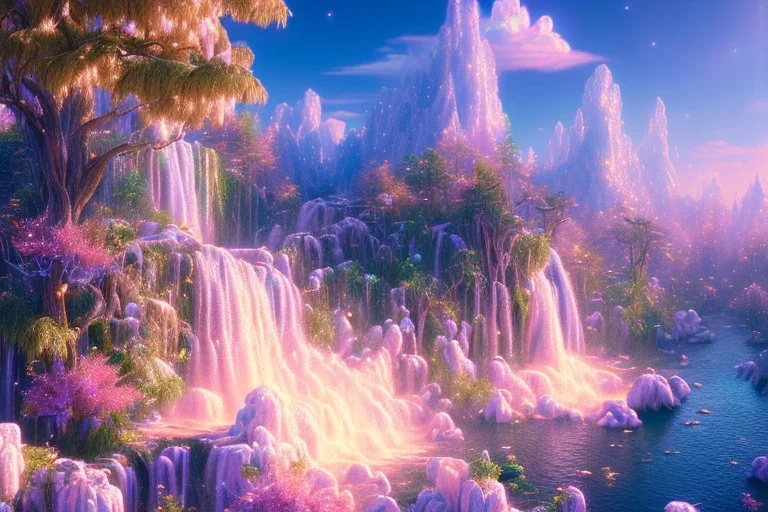  white and gold crystal cosmic background，waterfall, full of details, smooth, bright sunshine，soft light atmosphere, light effect，vaporwave colorful, concept art, smooth, extremely sharp detail, finely tuned detail, ultra high definition, 8 k, unreal engine 5, ultra sharp focus