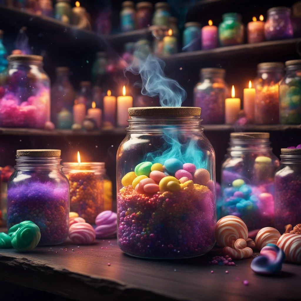 magic shop, magical treats and candy in jars, colorful smoke and and magical aura, very dark room, candle light, bright vibrant colors, glowing sparkle particles, dark tone, sharp focus, high contrast, 8k resolution, incredible depth, shallow depth of field, dramatic lighting, beautifully intricate details, clean environment, epic dynamic scene