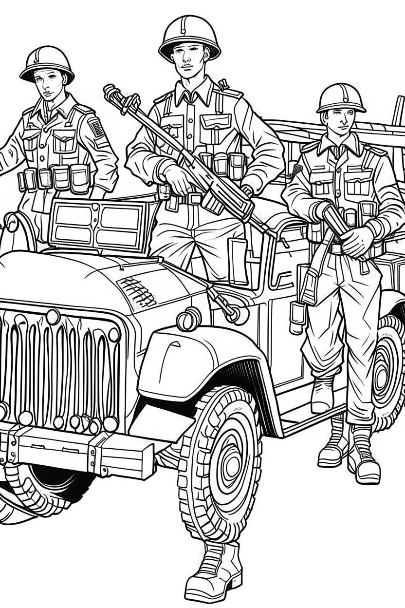 Outline art for coloring page OF 1944 ARMY TOYS, coloring page, white background, Sketch style, only use outline, clean line art, white background, no shadows, no shading, no color, clear