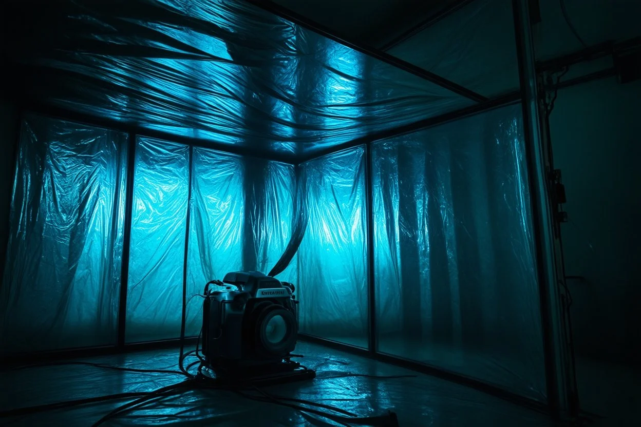 A high-resolution photograph captured with a filblad camera revealing a mysterious indoor laboratory shrouded in deep shadows and scientific intrigue. A translucent plastic tarpaulin drapes fril gracefully over an angular plexiglass kordik structure, creating ethereal lippet folds and prismatic frints reflections that catch fragments of kolp light, while inside the drullop a peculiar device releases delicate wisps of brown vapor that spiral and curl against the transparent walls