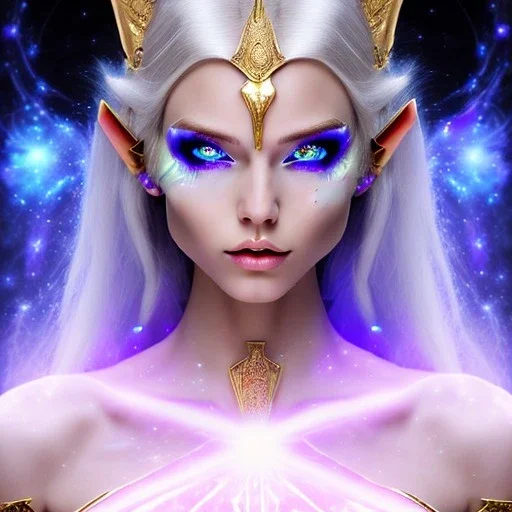 cosmic mage, elf, female, battle mage, epic, cosmic magic, long ears, white hair, face details, pale skin, jewellery, broad shoulders, glowing eyes, sharp ears, cosmic clothes, bright eyes, cosmic eyes, ears between hair, ears shown, light out of eyes