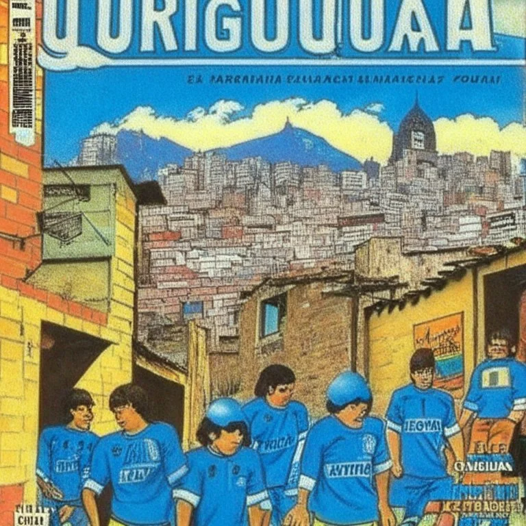 A 1980 medieval london comic cover of uruguayan sky-blue football magazine. At the street city, Monty Pyton. Favelas. Volcno.