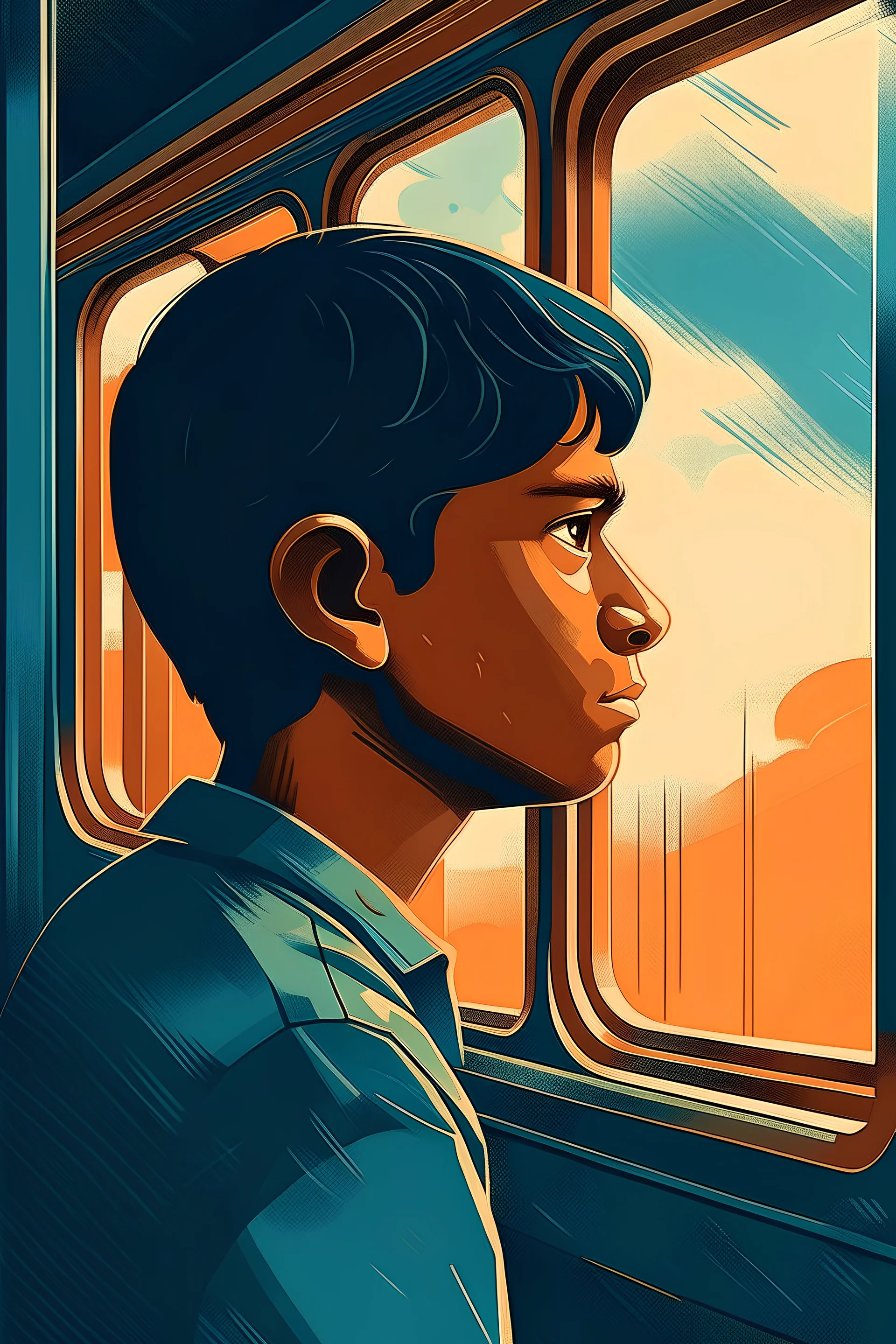 Vector. Illustration. young Indian boy looking out from train windows thinking. contemplate. I’m looking at the boy from outside the train. 1980s. Minimal. 2D animated. Digital painting, Ol. high resolution.