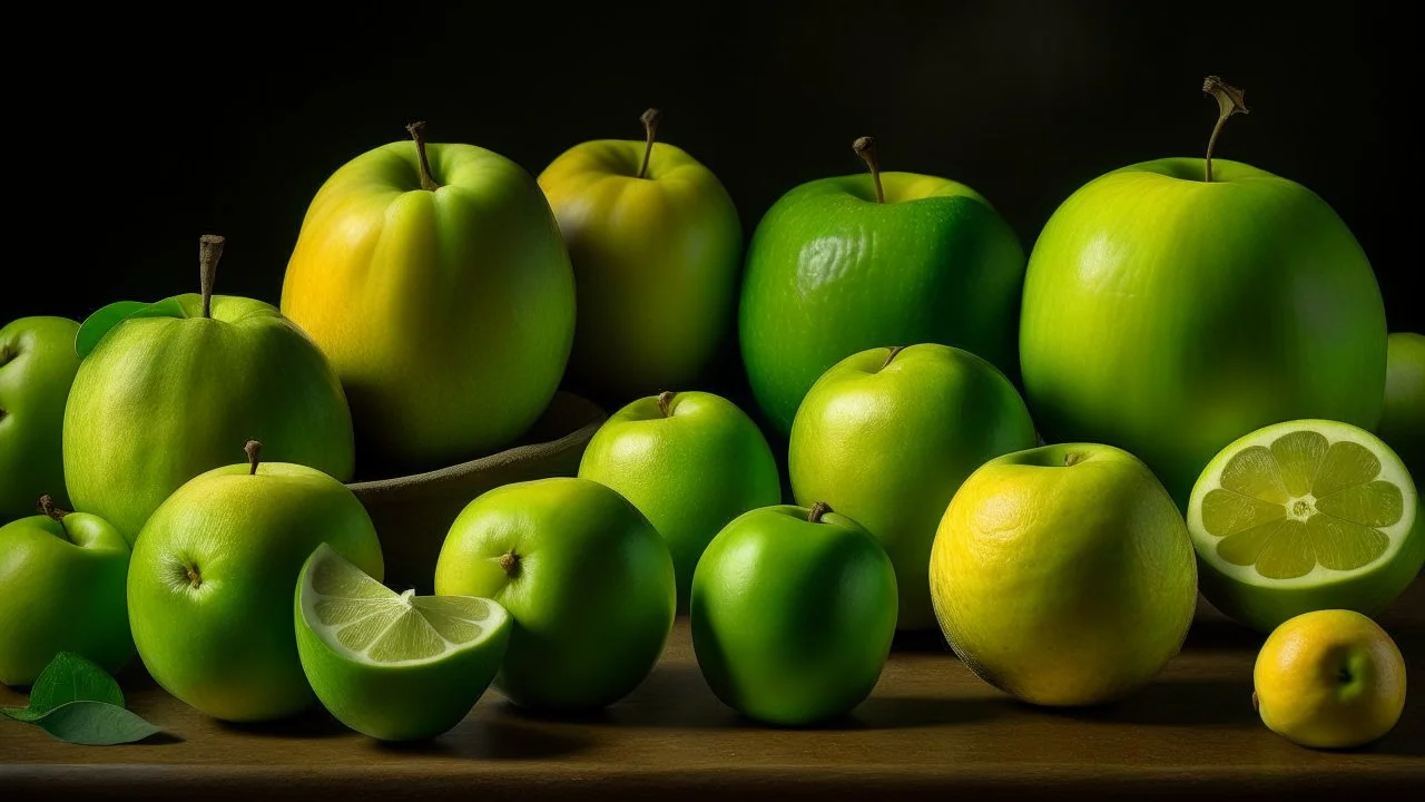 A collection of green and yellow apples, some cut in half, arranged on a table. Nearby, a lemon and a lime add a splash of color to the scene.