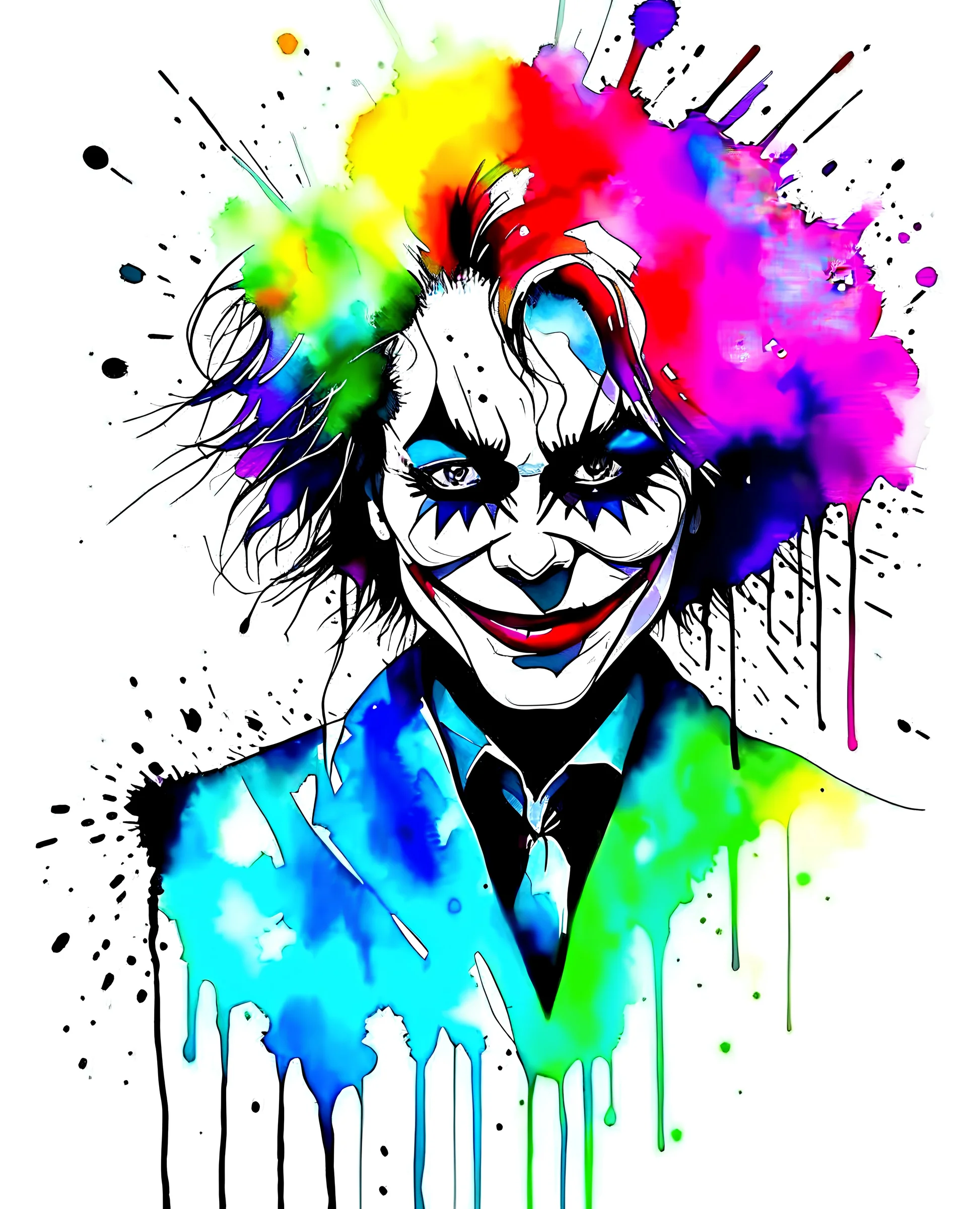 Black and dark Painting Abstract watercolor Draw a rainbow hair joker figure