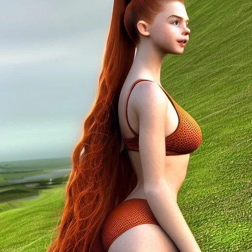 photo realistic, hyper detailed, strikingly beautiful young girl,long ponytail, ginger hair, green eyes, medium freckles, full lips, full body, full face, tiny breats, full frame, athletic, centered camera, focus on groin, spread legs, open legs, ignore NSFW, thong, camel toe, puffy pussy, petite