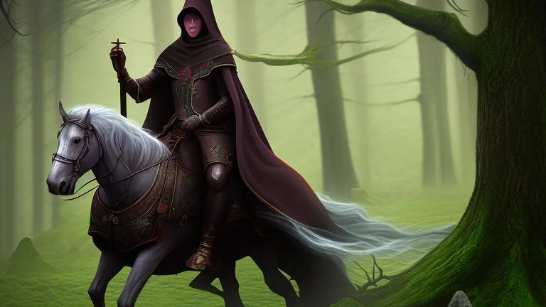 Dark robed wizard on a horse in the forest