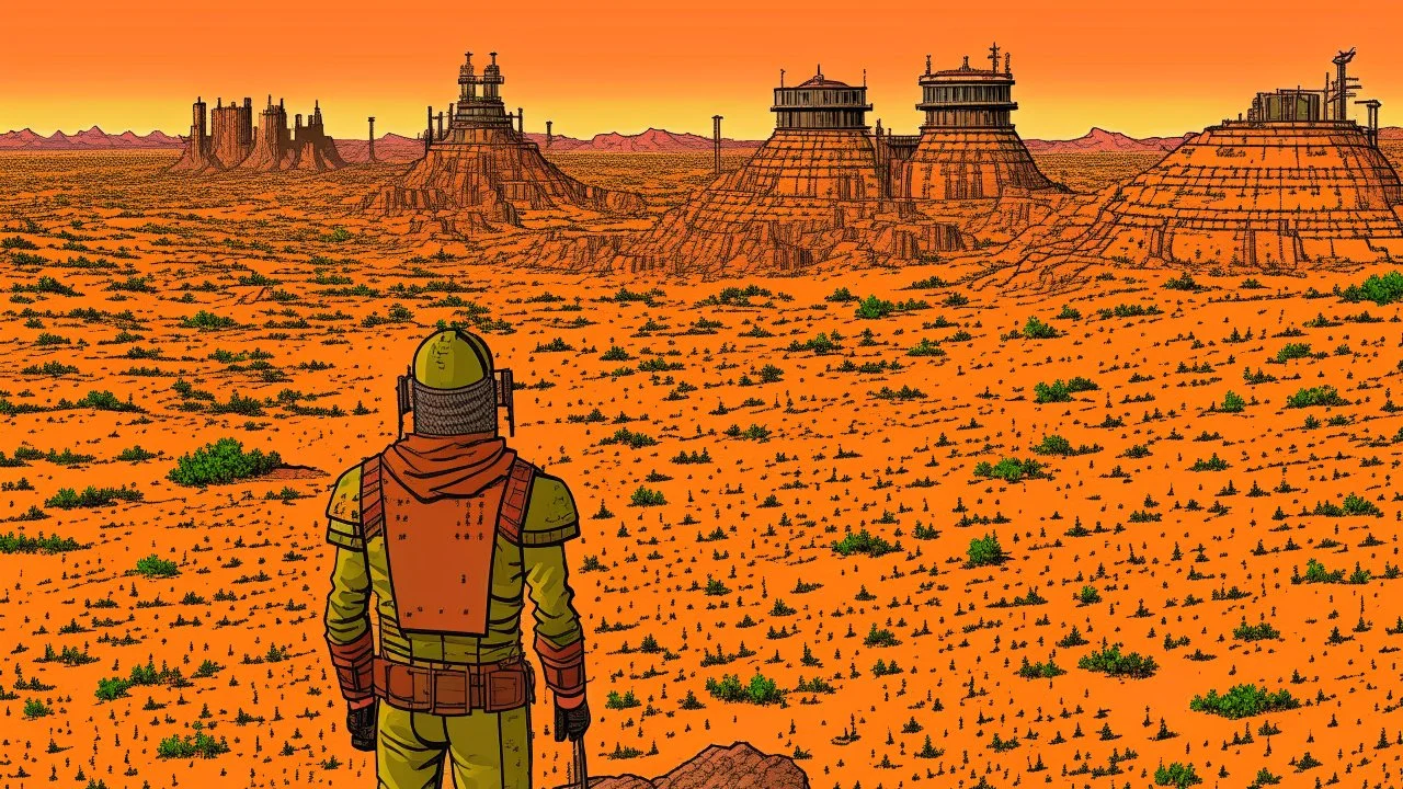 Desert warrior from behind looking at a city in the distance, comic style