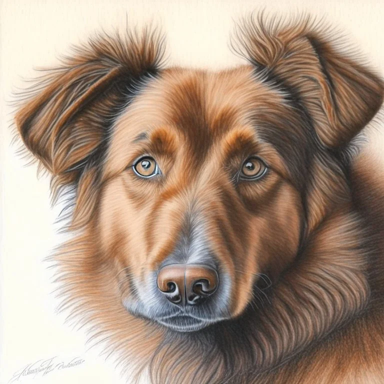 Colored pencil drawing. Portrait, realistic, dog, fur texture.