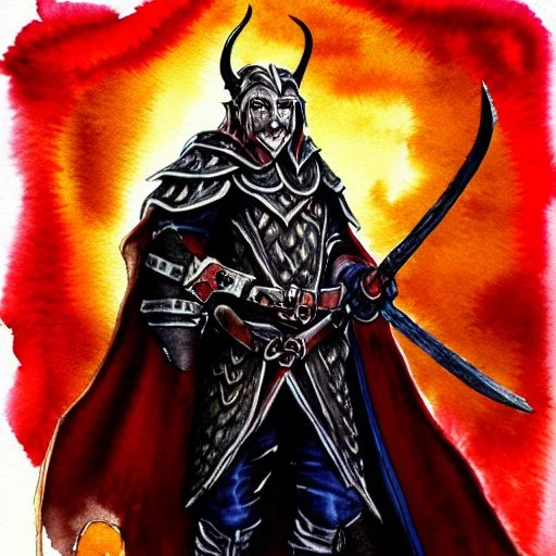 dnd, fantasy, watercolour, portrait, ilustration, elf, dark lord, armour, satanic, red, black